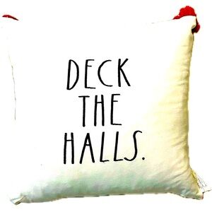 RAE DUNN “DECK THE HALLS” HOLIDAY 20”x20”FEATHER THROW PILLOW WHITE BLACK CHECK